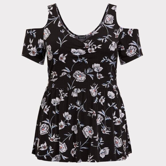 Torrid Black Floral Cold Shoulder Studio Knit Peplum Top Size 3 Office Casual - Picture 2 of 8